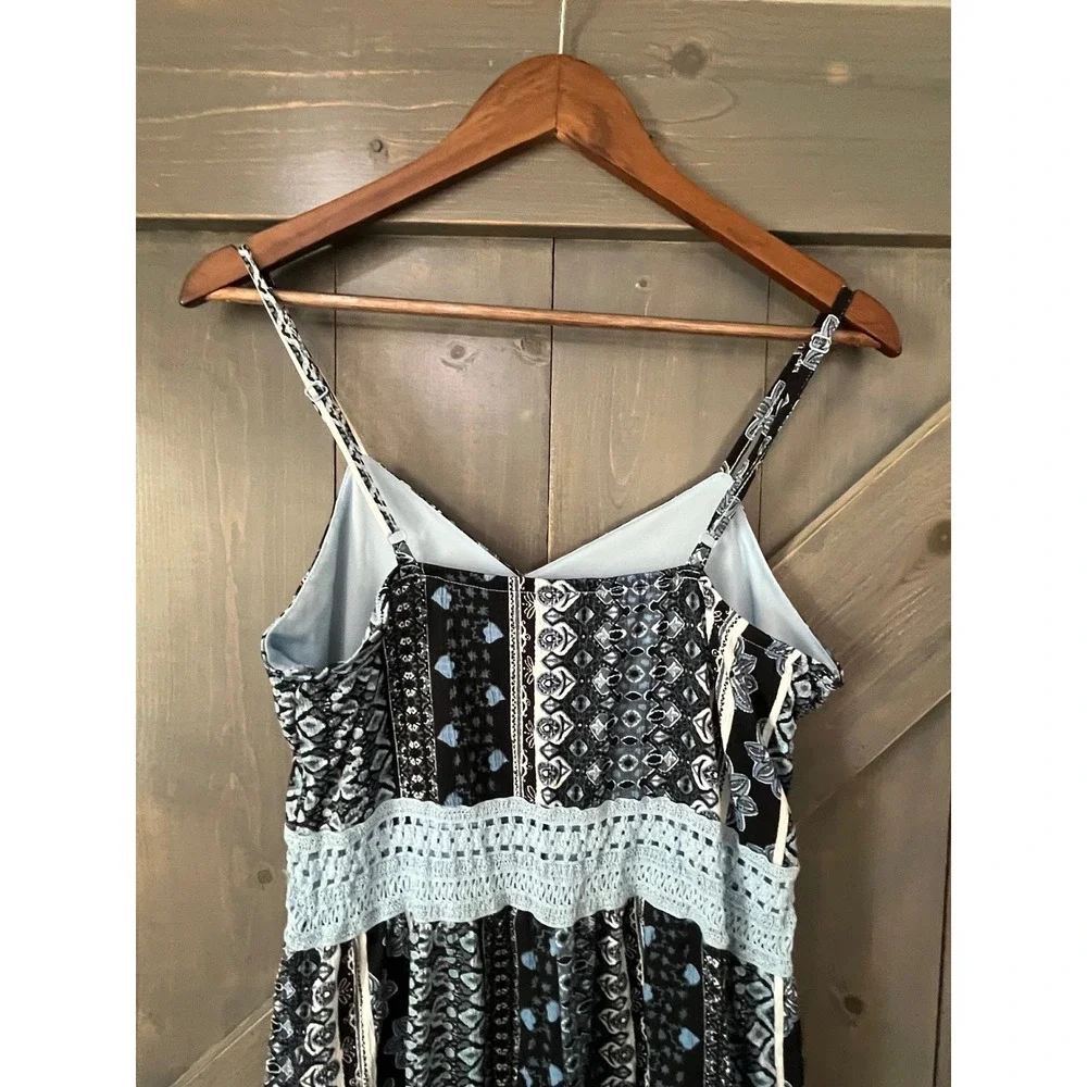 No Boundaries Blue Boho Geometric Print Jumpsuit Crochet Waist Large 11-13 Boho